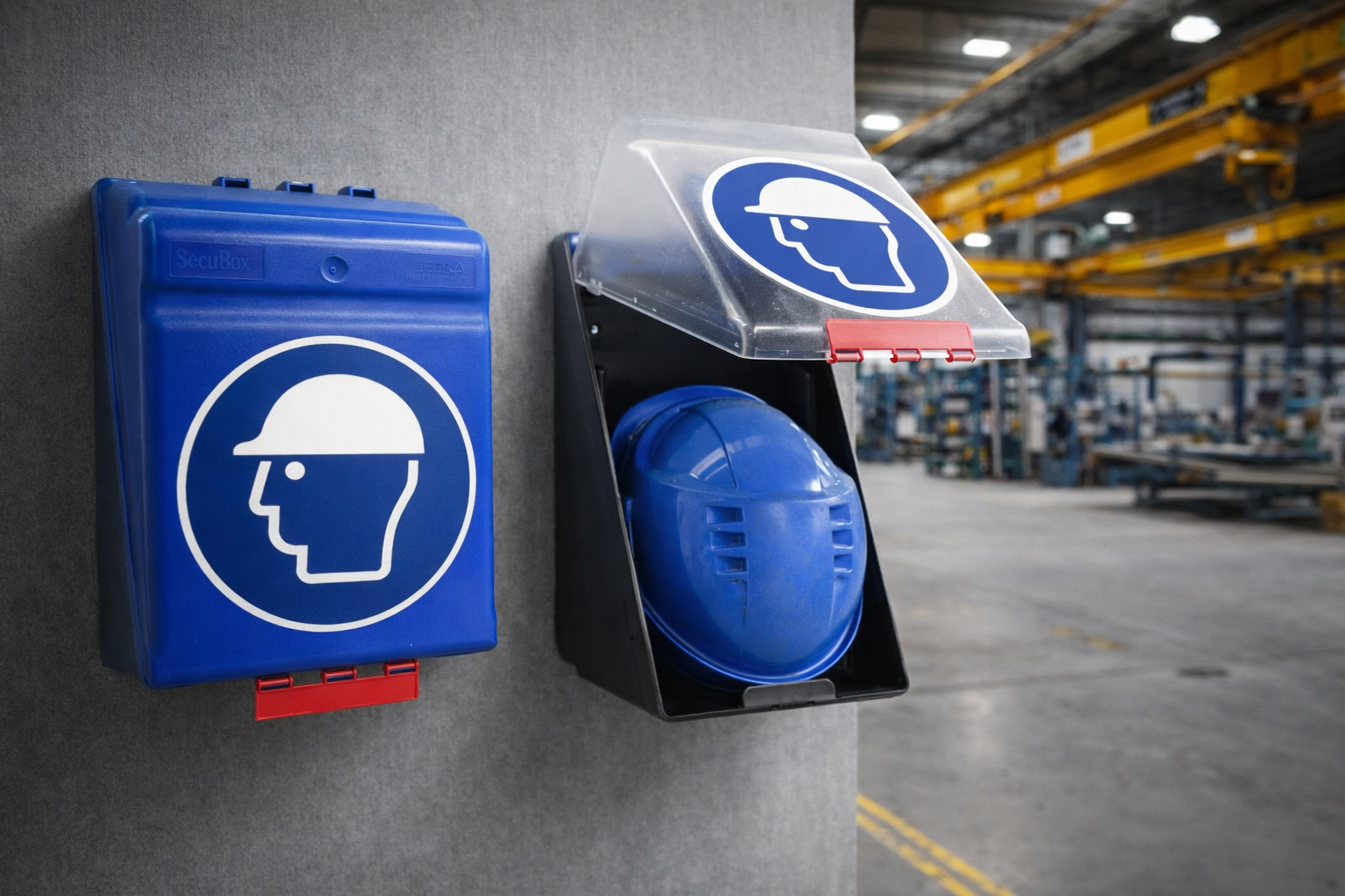 SecuBox Maxi PBM opslagbox voor helmen, vizieren en maskers in een industriële omgeving