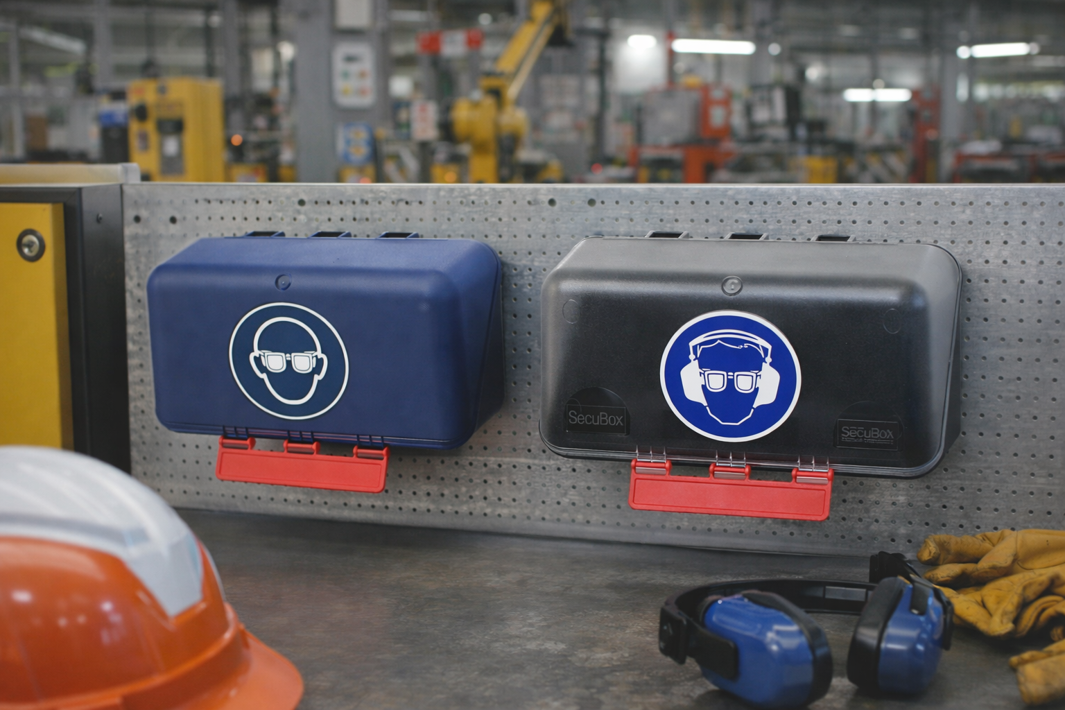 SecuBox Mini PBM opslagbox (blauw en transparant) voor veiligheidsbril en gehoorbescherming