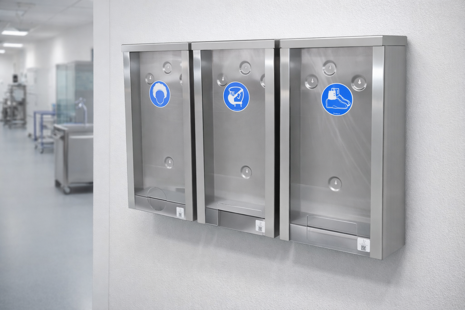 RVS/INOX PBM-dispensers aan de wand in een schone omgeving (pharma/food/industrie)